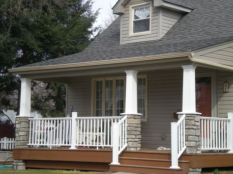 After with new stone columns and white vinyl rails Craftsman Railing, Craftsman Style Front Porch, Porch Railing Ideas, Craftsman Style Porch, Porch Rails, Porch Railing Designs, Craftsman Porch, Front Porch Columns, Metal Roof Houses