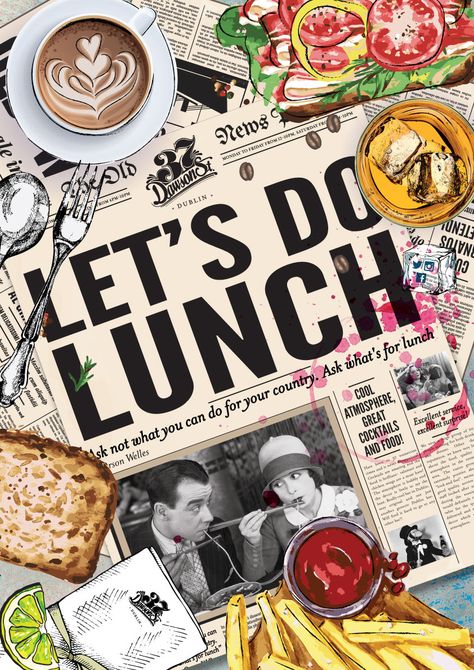 Lunch Graphic Design, Food Advertisment Poster, Vintage Restaurant Poster, Lunch Poster Design, Collage Ads Design, Food Collage Poster, Restaurant Ad Design, Brunch Creative Ads, Bar Event Poster