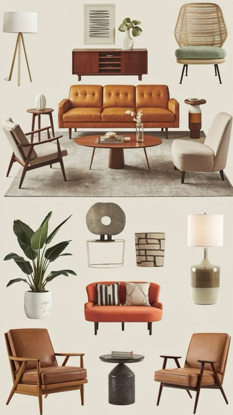 Discover how chic accessories can enhance your mid-century modern living room interior design. Mid Century Style Home, Mid Century Scandinavian Interior, Mid-century Modern Furniture, Midmod Living Room, Midcentury Modern Home Interiors, Mid Century Modern Design Elements, Mid Century Modern Condo, Mid Century Modern Living Room Rug, Mid Century Modern Tv Room