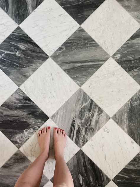 All the Details on Our Marble Checkerboard Floors | We're the Whites Checked Bathroom, Checkered Bathroom Floor, Checkerboard Bathroom, Checkered Bathroom, Checkerboard Floors, Checkered Tile, Bathroom Upstairs, Marble Bathroom Floor, Bathroom Floor Tile