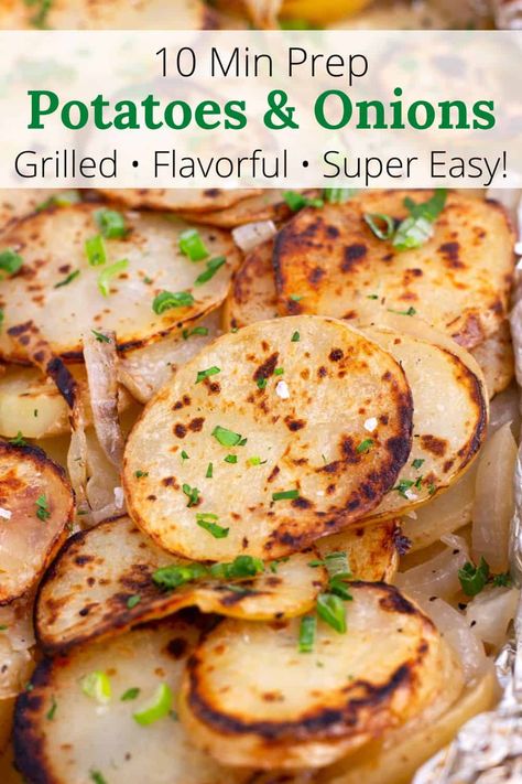 This Grilled Potatoes in Foil Recipe is the ultimate summer side dish! With just 10 minutes of prep, these potato packets filled with thinly sliced potatoes, onions, and seasonings are ready to toss over the fire. Plus, it's super easy to tweak based on whatever you’ve got in the kitchen. Whether you’re camping or having a backyard BBQ, this flexible recipe guarantees a tasty and budget-friendly addition to your meal! Trager Grill Potato Recipes, Sliced Potatoes On The Grill, Grilled Potatoes And Onions In Foil, Potato Recipes Grill, Bbq Potatoes In Foil, Potatoes On The Grill In Foil, Potatoes On Bbq, Potato On Grill, Grill Potatoes