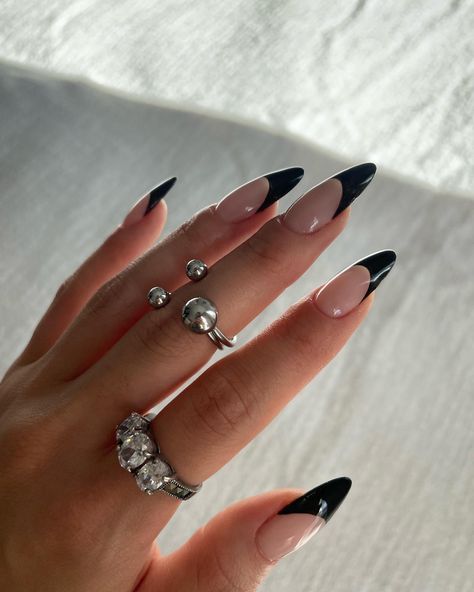 black french tips on medium almond shape nails Stiletto Black French Tip Nails, Black French Tip Nails Stiletto, French Tip Nails Stiletto, Stiletto Nails Black, Black Frenchies, Nails Black French, Black French Tip Nails, Black French Tip, Black Stiletto Nails