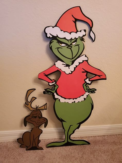 Cardstock and cardboard cutouts Grinch Cardboard Cutout, Cardboard Cutouts Diy, Whoville Decorations, Grinch Yard Decorations, Season Project, Cricut Cutouts, Grinch Art, Diy Christmas Yard Decorations, Whoville Christmas