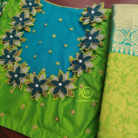 Floral patched aari embroidery sky blue and parrot green silk wedding blouse Parrots Maggam Work Blouse Designs, Simple 3d Aari Work Blouse, 3d Flower Blouse Design, Cutwork Aari Blouse Designs, Simple 3d Aari Work Blouse Design, Aari 3d Patch Work Flower, Aari 3d Patch Work Designs, 3d Embroidery Blouse Designs, Sky Blue Blouse Designs Silk