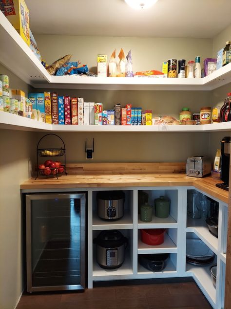 Pantry Beverage Fridge, Walk In Pantry With Appliances, Pantry With Mini Refrigerator, Walk In Pantry With Mini Fridge, Drink Fridge In Pantry, Small Pantry With Fridge, Pantry With Drink Fridge, Beverage Fridge In Pantry, Pantry With Mini Fridge