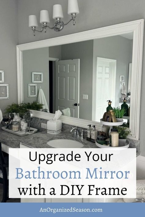 Farmhouse Bathroom Curtain Ideas, Builder Grade Bathroom Mirror, Update Bathroom Mirror, Bathroom Mirror Makeover Frames, Diy Mirror Frame Bathroom, Mirror Makeover Diy, Diy Makeover Ideas, Diy Bathroom Mirror, Mirror Framing