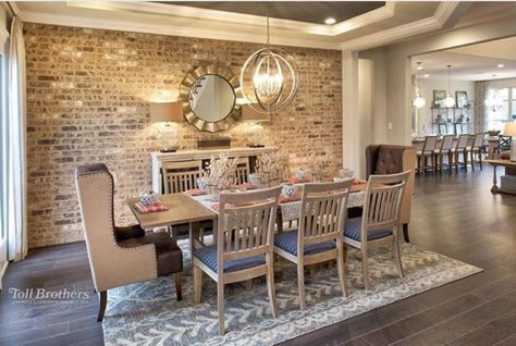 Dining room brick focal wall | nice lighting Dinning Room Wallpaper Ideas, Brick Wall Dining Room, Brick Dining Room, Dinning Room Wallpaper, Room Wallpaper Ideas, Brick Accent Wall, Brick Accent Walls, Brick Interior, Table Home Decor