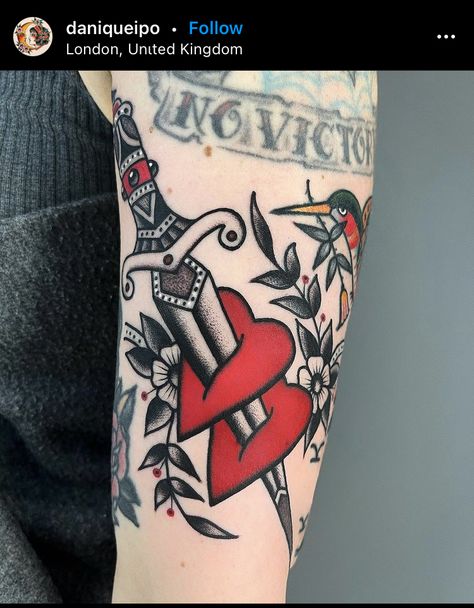 Love American Traditional Tattoo, Red And Black American Traditional, Red And Black Traditional Tattoo, Red Traditional Tattoo, Black And Red Traditional Tattoo, American Traditional Heart, Traditional Knife Tattoo, Trad Dagger Tattoo, Dagger Through Heart Tattoo