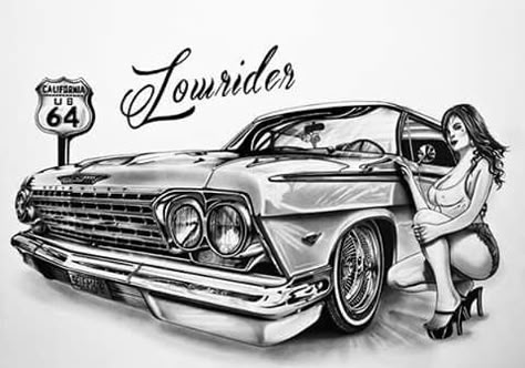 Lowrider. Mexican Drawings, Lowrider Drawings, Lowrider Tattoo, Hipster Drawings, Rockabilly Art, Pin Up Drawings, It Was All A Dream, Prison Art, Cholo Art