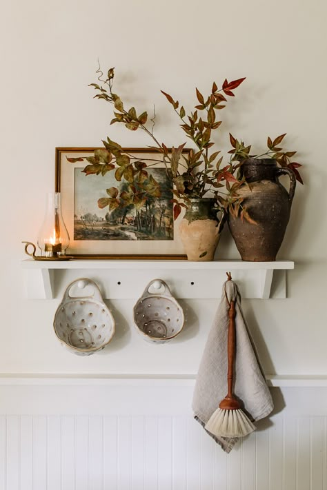 Picture Ledge Decor, Diy Corner Bench, Fall Branches, Fall Stems, Modern Vintage Bathroom, Thrift Wishlist, Door Shades, Shelves Decor, Faux Branches