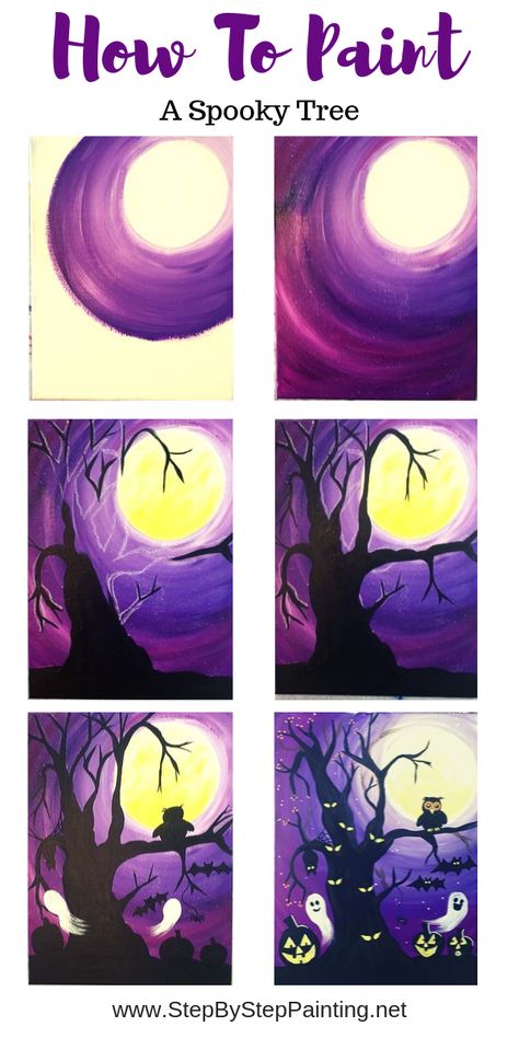 How To Paint A Spooky Tree - Step By Step Painting Spooky Tree, Creepy Halloween Decorations, Spooky Trees, Halloween Silhouettes, Halloween Painting, Halloween Trees, Paint And Sip, Step By Step Painting, Learn To Paint