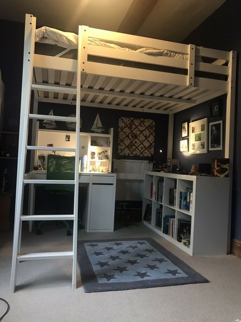 IKEA Stora Loft Bed Frame White Stain With Original Double Mattress • 82£ Bed Frame For Small Bedroom, Lofted Double Bed, Ikea High Bed, Ikea Stor�å Loft Bed Ideas, Ikea Stora Loft Bed Ideas, High Bed Ideas Small Room, Double Loft Bed Ideas, Small Room With Double Bed, Ikea Stora Bed