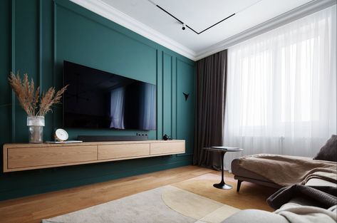 Green Media Wall, Dark Accent Wall Living Room, Dark Green Lounge, Teal Walls Living Room, Living Room Design Green, Living Room Minimal, Green Walls Living Room, Wood Furniture Living Room, Green Accent Walls