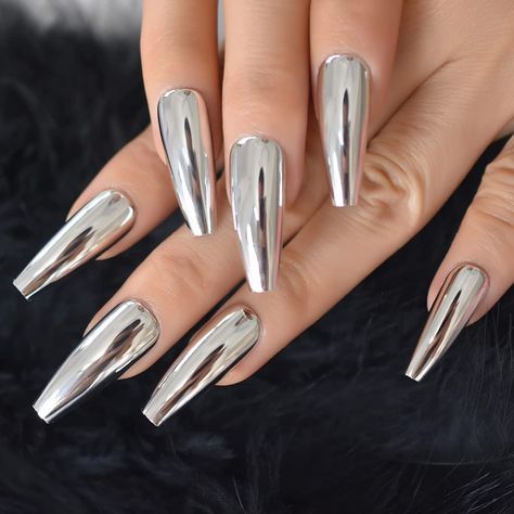 Metal silver Ballerina Chrome Mirror Nail Tips: 23~24 pcs set full nails (in different sizes), a mini nail file and a sheet transparent double-side glue sticker. Chrome Long Nails, Silver Chrome Nails, Health Nails, Fake Nails Long, Ballet Nails, Gel Polish Manicure, Mirror Nails, Nail Prep, Nail Type