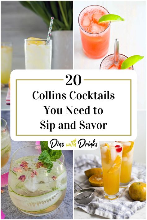 Collage of 4 collins cocktails. Tom Collins Recipe, Mixology Drinks, Night In With Friends, Collins Cocktail, Collins Glass, Birthday Basket, Tom Collins, Specialty Cocktail, Thirsty Thursday