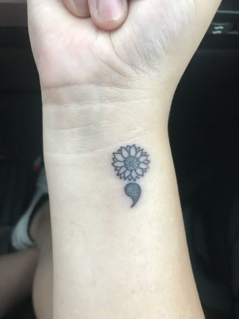 Sunflower semicolon micro tattoo Semicolon Tattoos, Micro Tattoo, Sunflower Tattoo Sleeve, Sunflower Tattoo Shoulder, Semi Colon, Health Tattoo, Polynesian Tattoos, Semicolon Tattoo, Geometric Tattoos