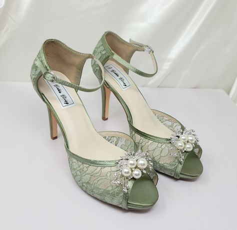 "Sage Green Lace Wedding Shoes. Lace Bridal shoes available in over 100 additional colors, including white and ivory.  We can also color match a sample you send us.  The shoes in the listing have been dyed Sage Green.  If you would like another color from my chart, a designer color or sending me a swatch, please pick from the dye color drop down menu and then let me know the color you would like in the \"note to seller\" area you will find during checkout. These beautiful satin and lace wedding Enchanted Forest Wedding Shoes, Sage Green Wedding Heels, Enchanted Forest Shoes, Sage Green Heels Prom, Forest Wedding Shoes, Whimsical Heels, Green Wedding Heels, Sage Green Quinceanera Theme, Sage Heels