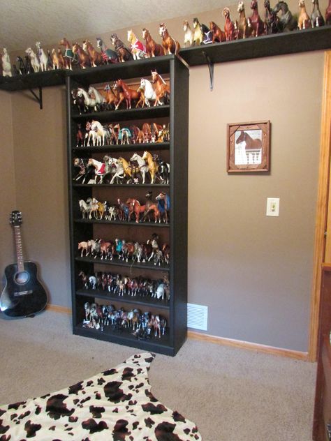 Horse power. . . on display.  Breyer horse shelves. Breyer Horse Shelves, Model Horse Display Ideas, Horse Inspired Bedroom, Breyer Horse Collection, Bryer Horses Display, Horse Room Ideas For Girls Kids, Breyer Horse Display, Horse Room Ideas, Breyer Horses Diy