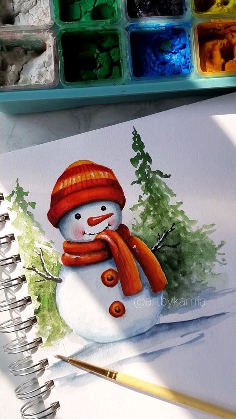 Christmas Gouache, Christmas Snowman Painting, Watercolor Christmas Cards Diy, Easy Christmas Drawings, Painted Christmas Cards, Gouache Illustration, Snowman Christmas Cards, Christmas Paintings On Canvas, Gouache Illustrations