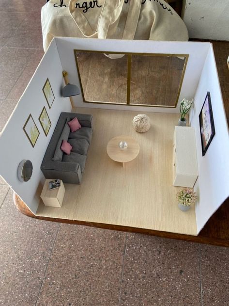 Cardboard House Interior, Maquette Architecture Ideas, House Maquette, Miniature Living Room, Tovad Ull, Interior Design Sketchbook, Barbie House Furniture, Room Box Miniatures, Cardboard Model