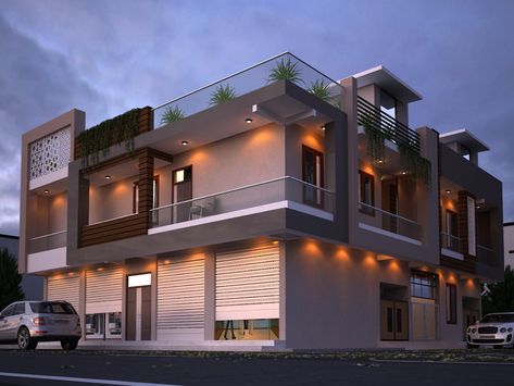 2 Side Elevation Design, G+1 Corner Elevation Design Modern, Villa Front Elevation Design, Corner House Design Exterior, Shop Elevation Design, Corner Elevation Design, Corner House Elevation Design, House Plan With Elevation, Corner Elevation