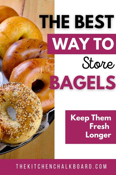 The best way to store bagels. Can you freeze bagels? Are bagels better in paper or plastic bags? Learn how to keep your bagels fresh for weeks from The Kitchen Chalkboard. How To Freeze Bagels, Panera Bagels, How To Make Bagels, Sourdough Bagels, New York Bagel, Mini Bagels, Kitchen Chalkboard, Best Bagels, Bagel Cream Cheese