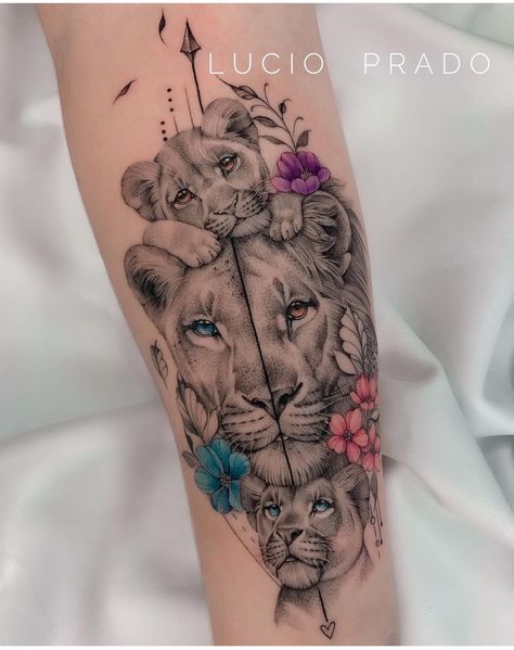 Half Lioness Tattoo For Women, Lioness And Her Cubs Tattoo, Tattoo Ideas For Mom Of 4 Kids, Animal Tattoo Ideas Female, Mom Animal Tattoo, Family Tattoo Ideas For Women Unique, Lion Leg Tattoo Female, Mother And Sons Tattoo, Tattoo Lion Family