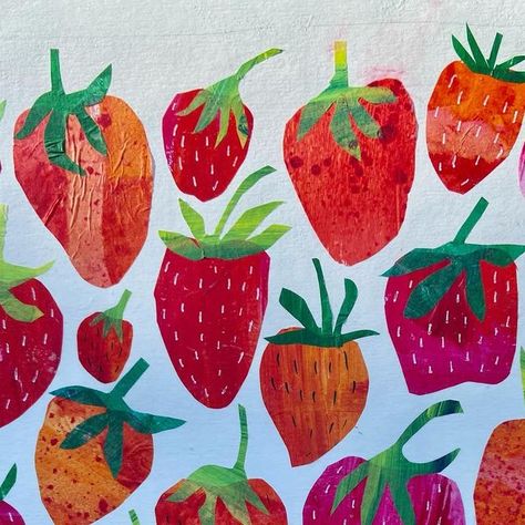 Tracey English on Instagram: "Whilst searching for something else today I rediscovered my original strawberry design, it’s from the days when I only worked with coloured tissue paper. I had forgotten how small it was. My strawberry tea towel was very popular at the weekend market and I only have a few left over in my Etsy shop. Strawberry napkins with the same design are also available from @paperproductsdesign #collage #cutpaperartist #cutpaperart #artlicensing #artworkcommissions #illustratio Strawberry Art For Kids, Digital Art Tutorial Ibispaint, Strawberry Arts And Crafts, Strawberry Art Aesthetic, Strawberry Folk Art, Folk Art Strawberries, Strawberry Mural, Fabric Stamping Diy, Strawberry Craft