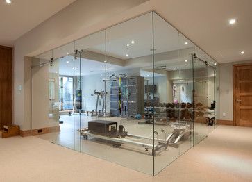 Glass Wall Home Fitness Room - contemporary - Home Gym - Toronto - JJ Home Products Inc Gym Decorating Ideas, Basement Home Gym, Basement Gym Ideas, Home Gym Basement, Gym Design Interior, Gym Mirrors, Basement Gym, Exercise Room, Gym Room At Home