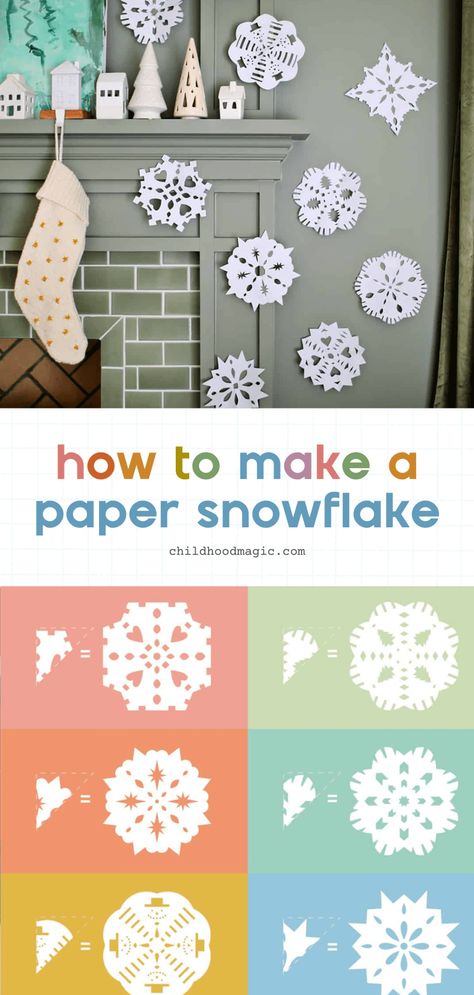 How to Make a Paper Snowflake - 10 Free Designs - Childhood Magic Snowflakes For Kids, Printable Snowflake Template, Paper Snowflake Designs, Paper Snowflake Template, Paper Snowflake Patterns, Paper Snowflakes Diy, Homemade Paper, How To Make Snowflakes, Snowflake Cutouts