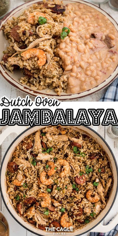 This Dutch Oven Jambalaya cooks perfectly every time. The perfect level of moistness in the rice, delicious seasoning and filling quantities of meat makes this great southern comfort food. One pot meals are always welcomed in our home, Cajun recipes for sure. Dutch Oven Jambalaya Recipe, Dutch Oven Jambalaya, Cajun Seasoning Recipe, Southern Comfort Food, New Orleans Recipes, Cajun Creole Recipes, Mardi Gras Food, Jambalaya Recipe, One Pot Meal