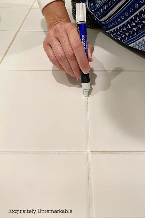 How To Whiten Grout Lines, White Tile With Beige Grout, How To Paint Grout Lines, Regrouting Tile, How To Remove Grout, Grout Paint, White Tile Kitchen Floor, Grout Pen, Floor Grout