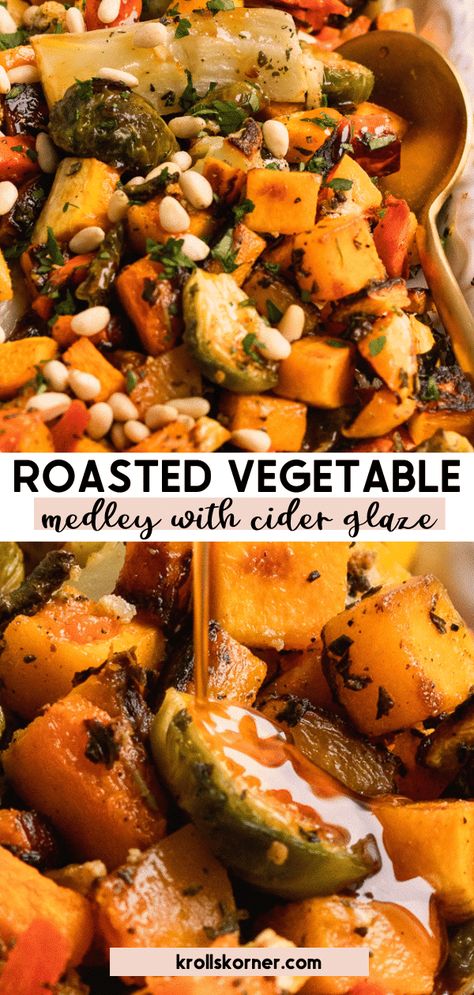 Roasted Vegetable Medley with Cider Glaze • Kroll's Korner Apple Cider Reduction, Festive Meals, Roasted Vegetable Medley, Homemade Green Bean Casserole, Vegetable Medley, Roasted Vegetable, Holiday Side Dishes, Bean Casserole, Roasted Sweet Potatoes