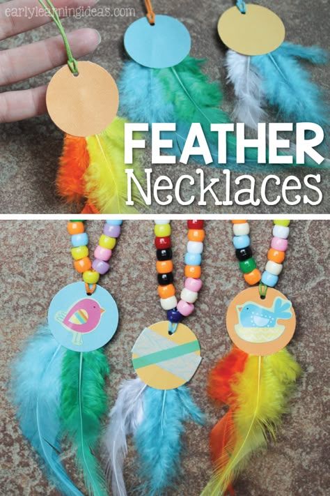 These feather necklaces are a fun fine motor activity for kids and are a perfect addition to a Thanksgiving, turkey, or bird themed lesson. The article also includes ideas for working on math concepts like counting, comparing quantities, and creating patterns....for preschool, pre-k, kindergarten, and prep. Multicultural Crafts, Pilgrims And Indians, Thanksgiving Activities Preschool, Preschool Craft Activities, Thanksgiving Crafts Preschool, November Crafts, Fine Motor Activity, Fine Motor Activities For Kids, Summer Club