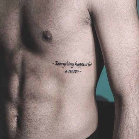 Men Rib Tattoo Quotes, Ribs Tattoo Men Quotes, Quote Tattoo Placement Men, Inspirational Quote Tattoos For Guys, Side Body Tattoos Ribs Men, Vertical Rib Tattoo Men, Men’s Small Rib Tattoos, Rib Tattoo Ideas For Men, Tattoo Ideas For Ribs