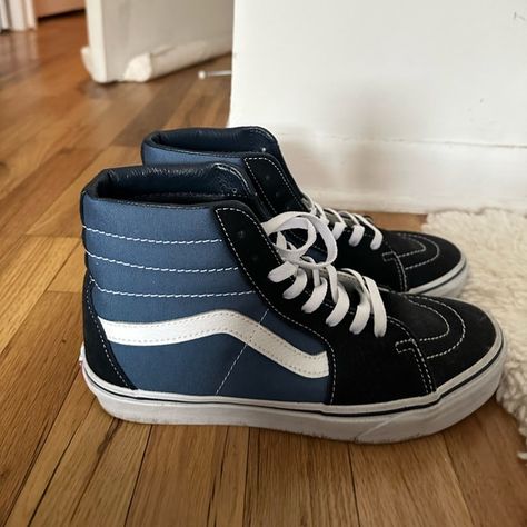 sk8 - hi shoe blue and black size womens 9 Black And Blue Vans, Vans Azul, Hi Top Vans, Church Fits, Checkered Vans, Blue Vans, Vans Blue, Blue Checkered, Vans Black