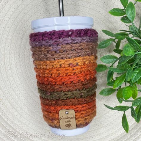 Crochet Coffee Cozy Free Pattern Cup Holders, Free Crochet Cup Cozy Pattern, Cup Cozies Crochet Pattern Free, Crochet Cup Cozy Free Pattern, Knit Coffee Cozy Pattern, Crochet Village, Christmas Cup Cozy, Cup Sleeve Pattern, Crochet Koozie