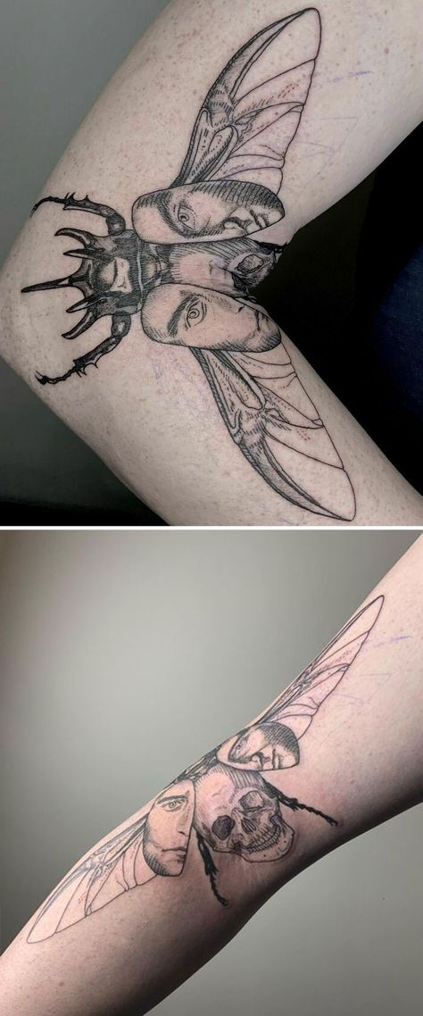 Metamorphosis Moving Tattoos Knee, Beetle Knee Bend Tattoo, Beetle Tattoo Side Of Knee, Moving Tattoo Ideas Elbow, Bug Tattoo Knee, Teenage Tattoos, Transforming Tattoos, Moving Tattoos, Laughs Quotes