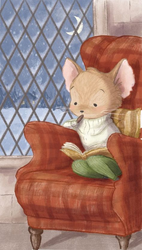 Cozy mouse reading in an armchair by the moonlight on a snowy evening - children's illustration - by Alexandra Thompson Writers House, A Mouse, Surface Pattern, Writers, Maine, Illustrator, Illustrations, Reading