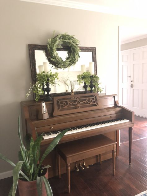 Decor For Piano Top, Small Living Room Ideas With Piano, Top Of Piano Decor Farmhouse, Modern Farmhouse Piano Decor, Mirror On Piano, Decorating Top Of Piano, Decorating Top Of Piano For Christmas, Decorating A Piano Top, Modern Farmhouse Piano Room