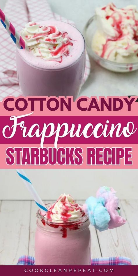 Cotton Candy Frappe Recipe, Cotton Candy Refresher Starbucks Recipe, Copycat Starbucks, Cotton Candy Milkshake Recipe, Starbucks Cotton Candy Refresher, Cotton Candy Frappe, Cotton Candy Frappuccino Starbucks, Secret Starbucks Recipes Frappuccino Cotton Candy, Starbucks Copycat Recipes