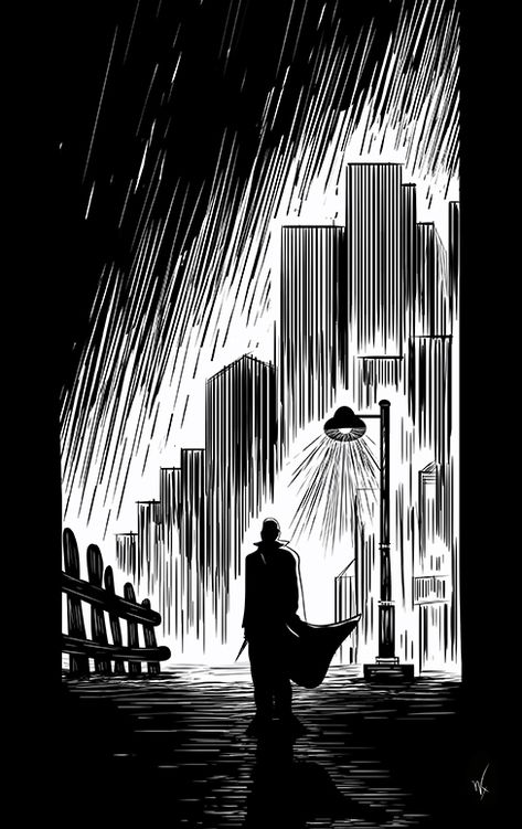 Night City Drawing Sketch, Dark Ink Illustration, City Ink Drawing, Noir City Art, Noir City Aesthetic, Sin City Artwork, City Illustration Black And White, Dark City Drawing, Light And Shadow Illustration