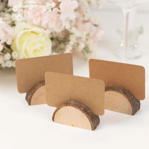 Explore our set of 10, semicircle rustic wood place card holders with brown paper cards. Perfect for wedding table number display stands. ✓ Get yours now! Table Number Display, Wooden Place Card Holders, Elegant Table Decorations, Wood Place Card Holders, Table Numbers Wedding Rustic, Table Number Stands, Place Card Table Wedding, Wooden Table Numbers, Table Card Holder