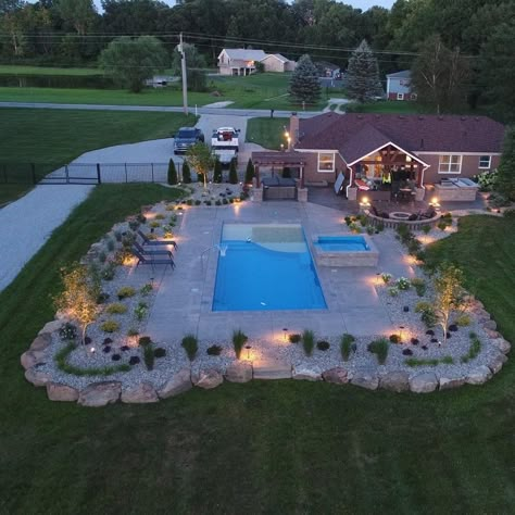 Awesome Backyard Ideas With Pool, Deck Patio Combo Ideas With Pool, Hardscape Around Pool, Inground Pool Decorating Ideas, Backyard Layout Ideas With Pool, Large Backyard Landscaping With Pool, Pool Landscaping Ideas Inground, Large Yard Landscaping Ideas, Large Backyard Ideas Layout