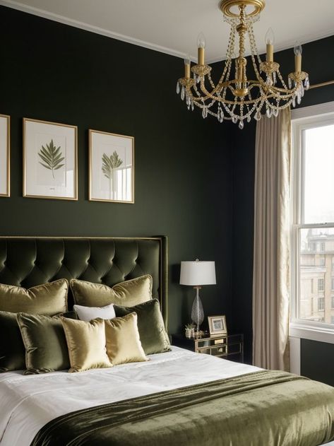 Olive Green And Black Bedroom, Bedroom Inspirations Sage Green, Olive Green Accent Wall Bedroom, Olive Green Accent Wall, Sage Green Design, Olive Living Rooms, Bright Bedrooms, Olive Bedroom, Black Gold Bedroom