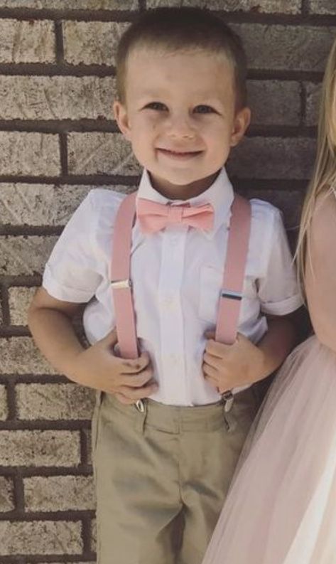 Tan Suit Ring Bearer, Dusty Rose Wedding Ring Bearer, Pink Ring Bearer Outfit, Light Grey Tux With Blush Pink, Pink Groomsmen Attire, Ring Bearer Outfit Pink, Ring Bearer Outfit Suspenders, Ring Bearer Blush Pink, Pink Suspenders And Bow Tie Groomsmen