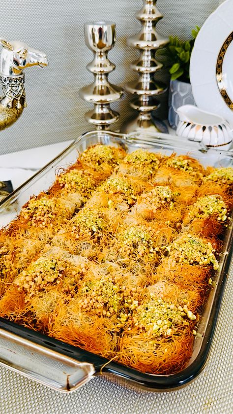 Kadaif / Kadayif / Kunafa - Middle Eastern- This crispy shredded phyllo dough is filled with sugar, walnuts, cinnamon and cloves. It is a perfect pastry dessert! #kadayif #kunafa #sweetdessert #egyptiondessert - So Yummy and Delicious! | galoreofflavors.com Kunafa Dessert, Middle Eastern Desserts, Phyllo Dough, Pastry Desserts, Glass Baking Dish, Clarified Butter, So Yummy, Sweet Desserts, Serving Piece