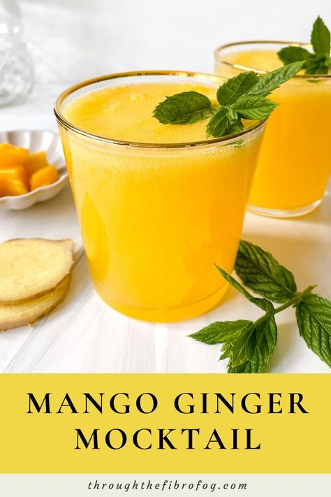 labelled mango ginger mocktail in two glasses next to mint leaves, ginger and a small bowl of mango. Ginger Mocktail, Drink For Summer, Turmeric Juice, Mango Drinks, Fibro Fog, Summer Drinks Alcohol, Low Histamine Diet, Ginger Drink, Ginger Smoothie