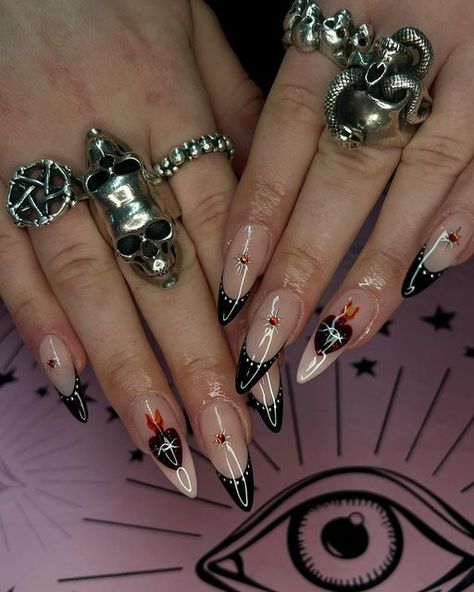 Dark Aesthetic Nails, Goth Valentines Nails, Sacred Heart Nails, Gothic Valentines Nails, Goth Core Nails, Goth Charm Nails, Xl Goth Nails, Goth Airbrush Nails, Gothic Nails Charms