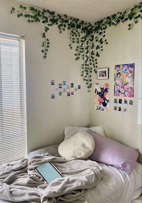 room decor
anime inspired room
minimalist room 
pastel 
room inspo
haikyuu poster 
sailor moon poster 
plant vines Green Leaves In Room, Bedroom Ideas With Leaves, How To Style Fake Leaves In Room, How To Place Vines In Room, Ivy Wall Bedroom Corner, Fake Vines In Corner Of Room, Ivy In Corner Of Room, Small Room Arrangement Ideas Bedroom, Ivy On Wall Aesthetic